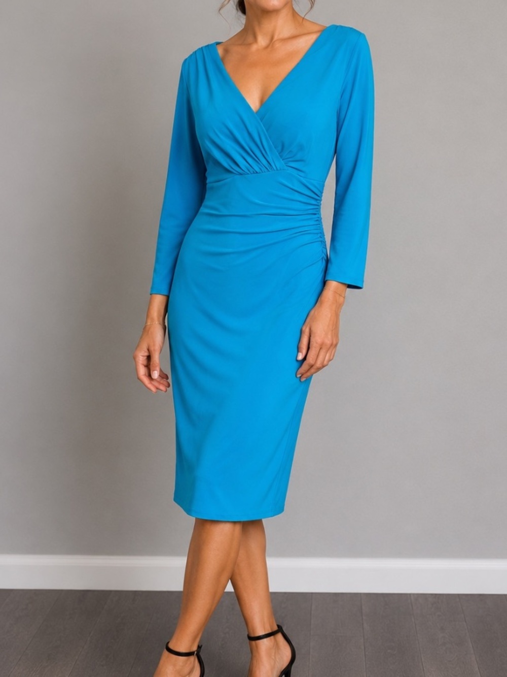 Lauren Ralph Lauren Midi Rouged faux wrap 3/4 sleeve dress Size 4.